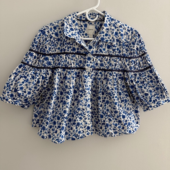 ANTHROPOLOGIE MAEVE THE LEANDRA SHIRRED YOKE TOP COTTON FLORAL BABYDOLL BLUE M - Picture 2 of 11